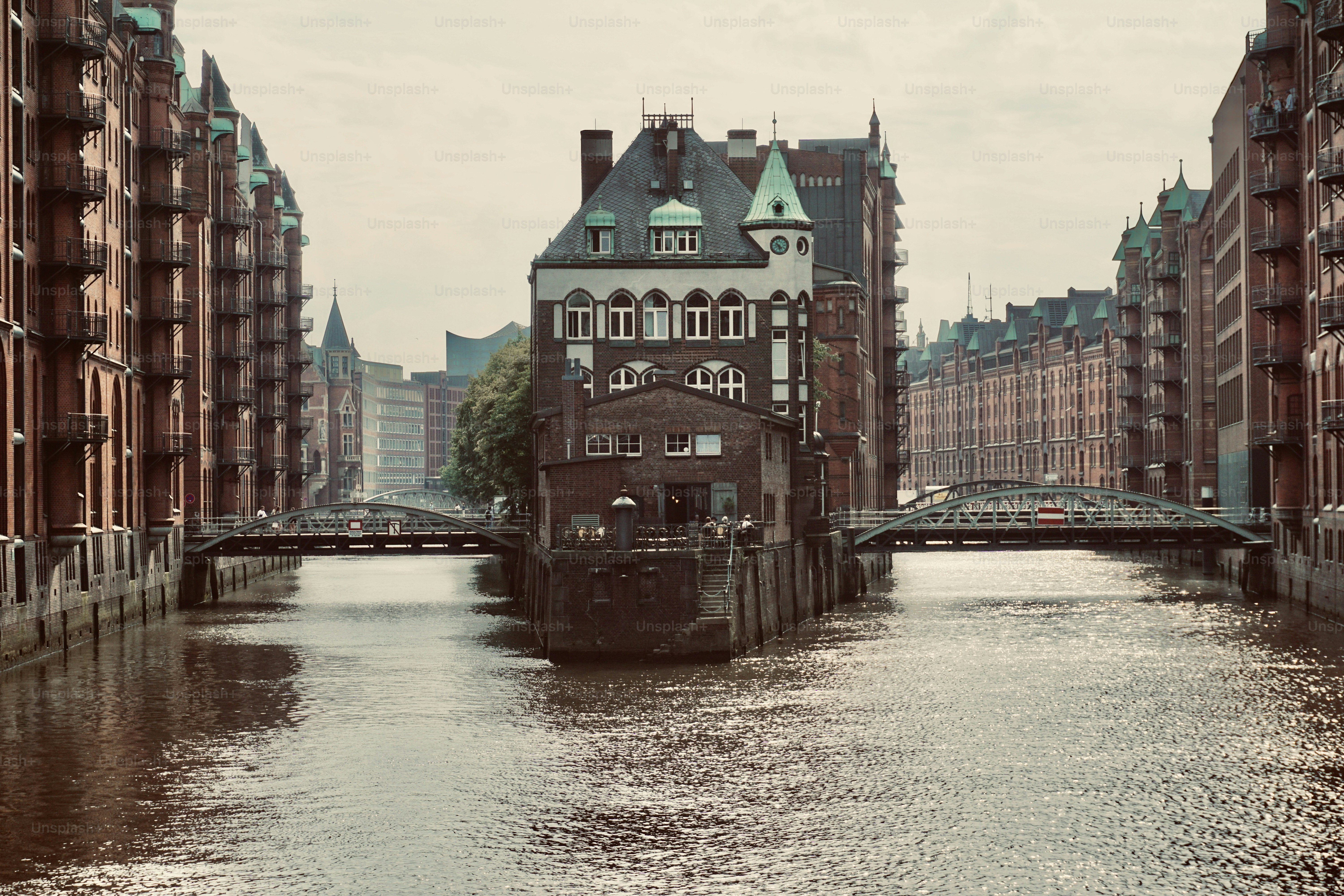 The main view of the Speicherstadt. View from the bridge to the cafe in Hamburg, Speicherstadt.